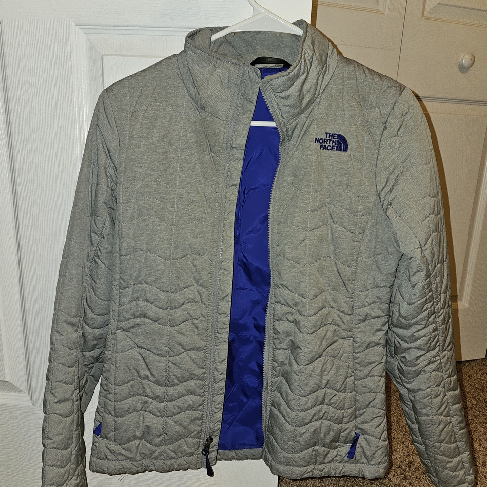 The North Face Light Gray Puffer Jacket with Purple Interior